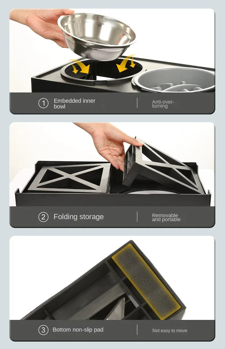 Tail Chasers elevated dog bowls for large dogs featuring removable inner bowls and folding storage