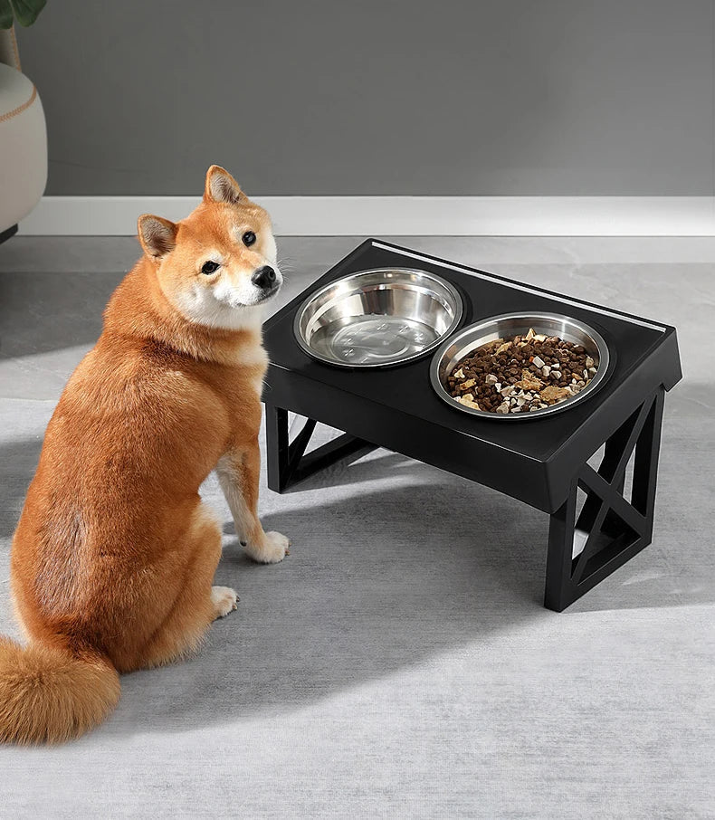 Tail Chasers elevated dog bowls for large dogs with two stainless steel bowls and a sturdy black frame