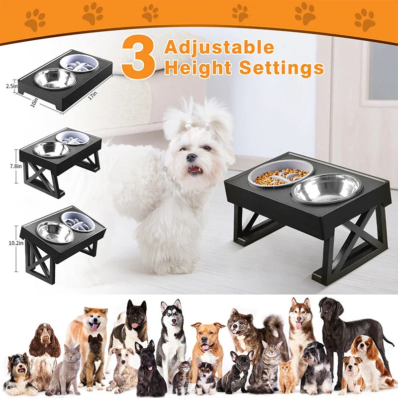 Tail Chasers elevated dog bowls for large dogs with three adjustable height settings and stainless steel bowls