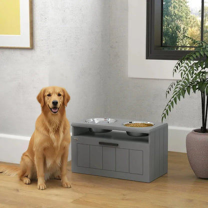 Elevated Slow Feeder Dog Bowl Stand for Large Breed Canines by Purrfect Pet Kingdom in gray, perfect for large dogs.