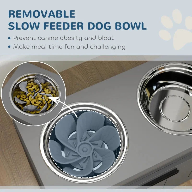 Elevated Slow Feeder Dog Bowl Stand for Large Breed Canines by Purrfect Pet Kingdom in gray, perfect for large dogs.