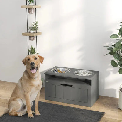 Elevated Slow Feeder Dog Bowl Stand for Large Breed Canines by Purrfect Pet Kingdom in gray, perfect for large dogs.