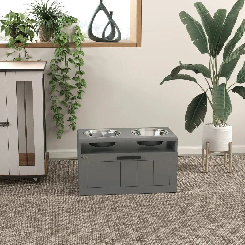 Elevated Slow Feeder Dog Bowl Stand for Large Breed Canines by Purrfect Pet Kingdom in gray, perfect for large dogs.