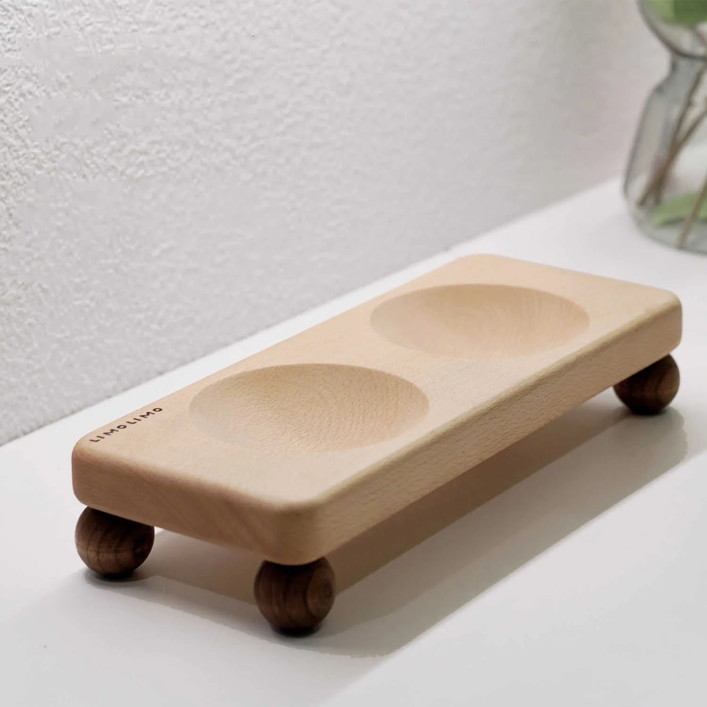 Elevated Solid Wood Cat Bowl Set by Purrfect Pet Kingdom, featuring double green ceramic bowls for ergonomic dining.