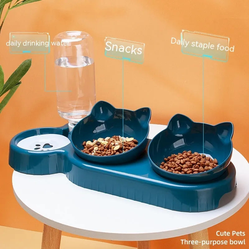 Elevated Triple Cat Bowl Feeder by Purrfect Pet Kingdom in dark blue, perfect for mess-free dining for your cat. New arrival!