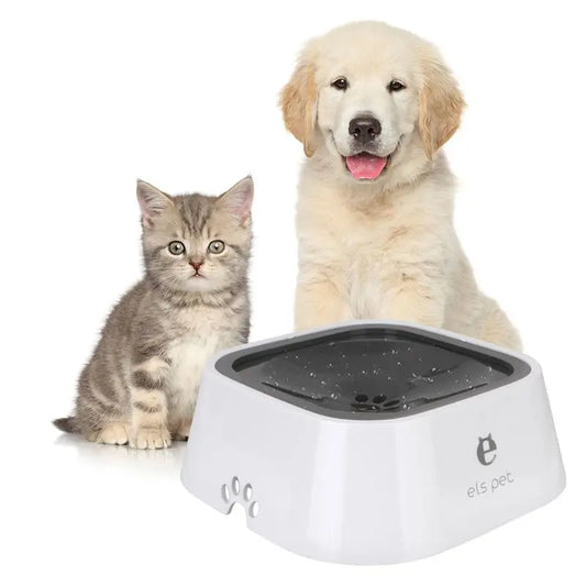 Spill proof pet water bowl from Purrfect Pet Kingdom with kitten and puppy sitting behind