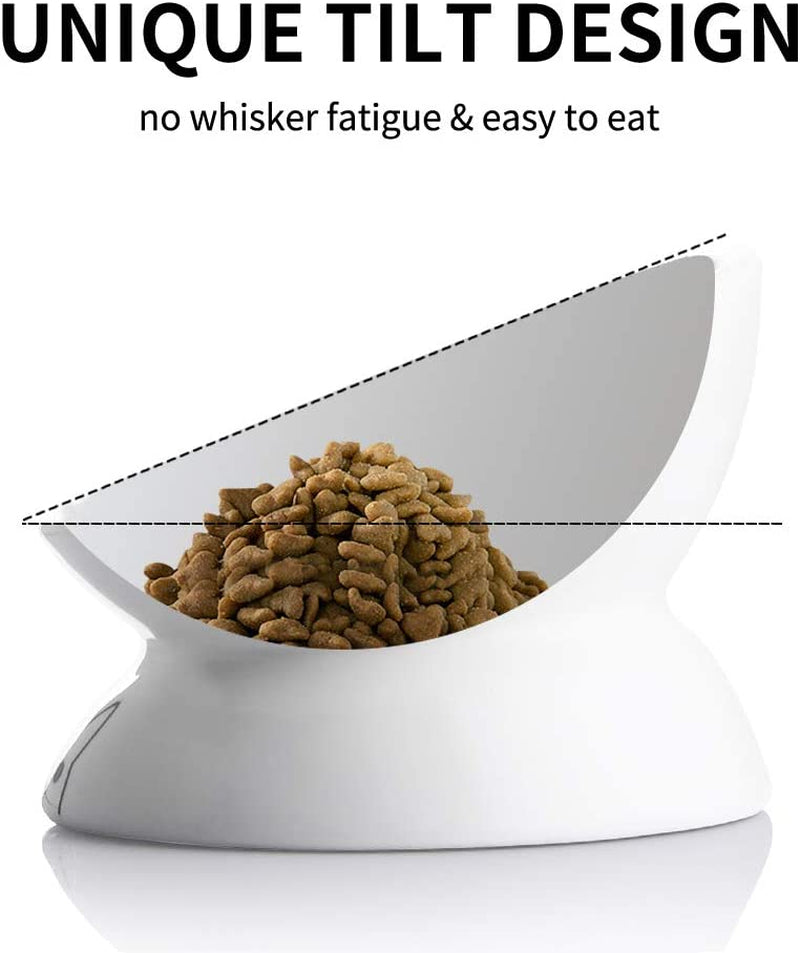 Ergonomic cat food dish with unique tilt design to prevent whisker fatigue and enhance mealtime comfort