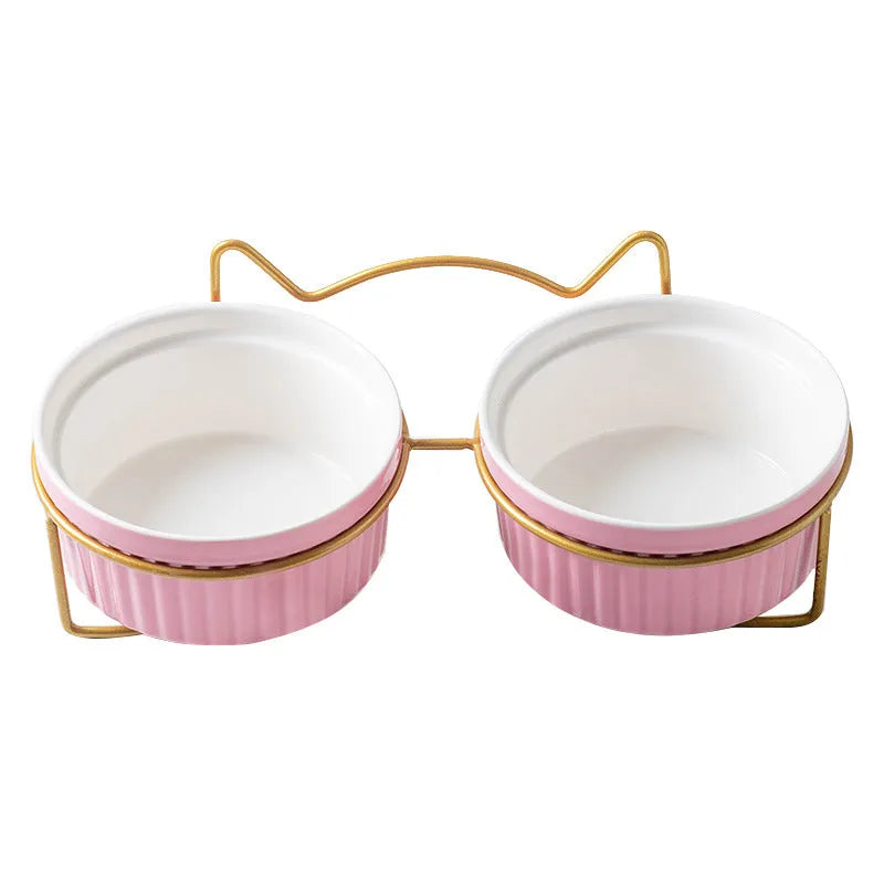 Ergonomic Elevated Ceramic Cat Bowl by Purrfect Pet Kingdom in Gorgeous Pink with Double Bowl Gold Bracket for spine relief.