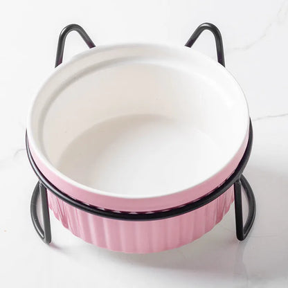 Ergonomic Elevated Ceramic Cat Bowl by Purrfect Pet Kingdom in Gorgeous Pink with Double Bowl Gold Bracket for spine relief.