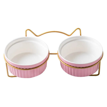 Ergonomic Elevated Ceramic Cat Bowl by Purrfect Pet Kingdom in Gorgeous Pink with Double Bowl Gold Bracket for spine relief.