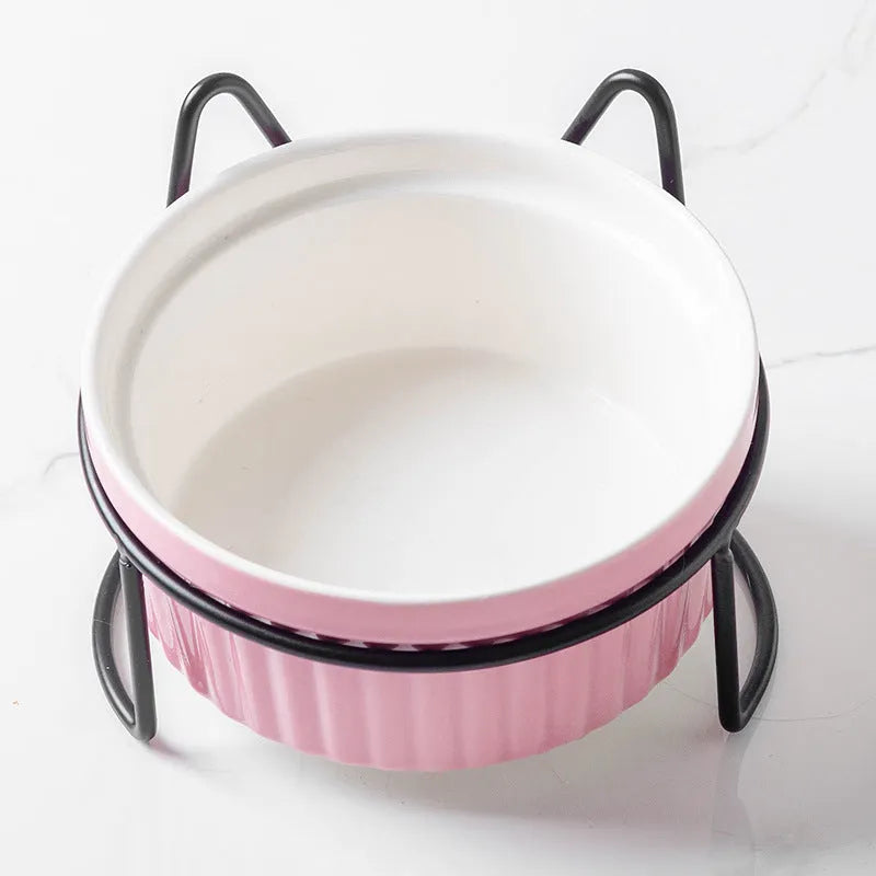 Ergonomic Elevated Ceramic Cat Bowl by Purrfect Pet Kingdom in Gorgeous Pink with Double Bowl Gold Bracket for spine relief.