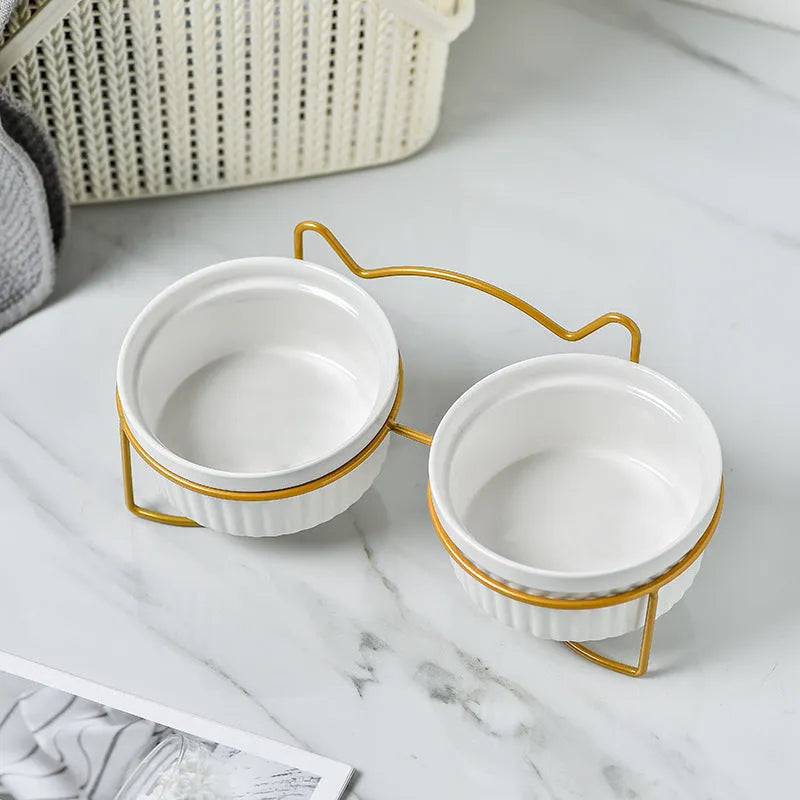 Ergonomic Elevated Ceramic Cat Bowl by Purrfect Pet Kingdom in Gorgeous Pink with Double Bowl Gold Bracket for spine relief.