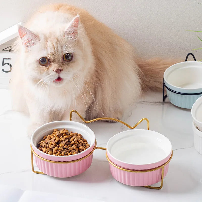 Ergonomic Elevated Ceramic Cat Bowl by Purrfect Pet Kingdom in Gorgeous Pink with Double Bowl Gold Bracket for spine relief.