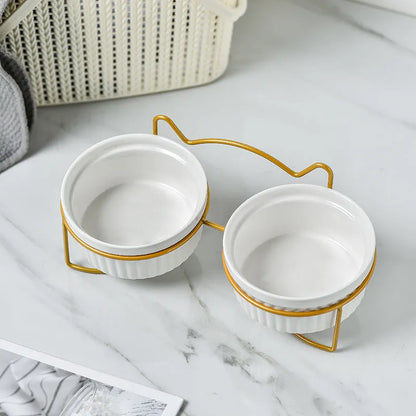 Ergonomic Elevated Ceramic Cat Bowl by Purrfect Pet Kingdom in Gorgeous Pink with Double Bowl Gold Bracket for spine relief.