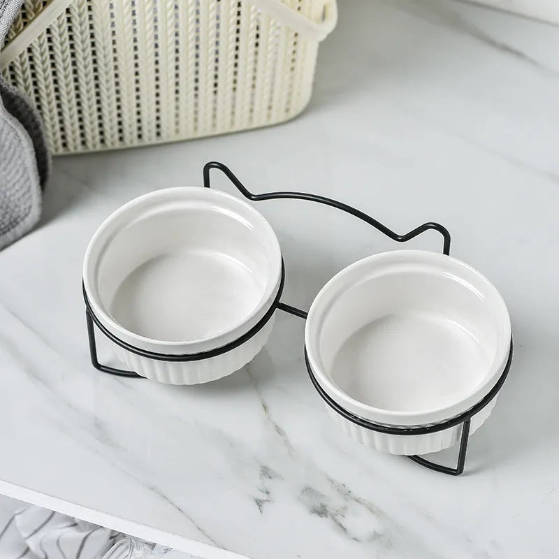 Ergonomic Elevated Ceramic Cat Bowl by Purrfect Pet Kingdom in Gorgeous Pink with Double Bowl Gold Bracket for spine relief.