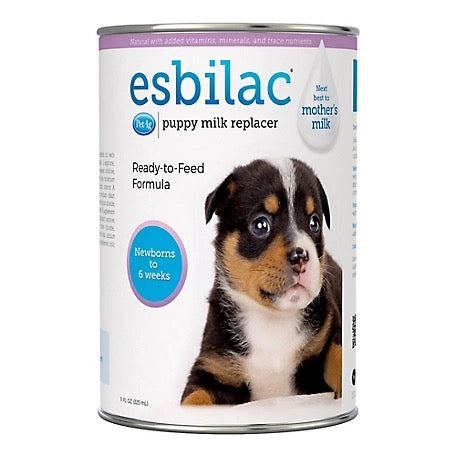Esbilac puppy milk replacer can for newborns to 6 weeks, featuring added nutrients and vitamins