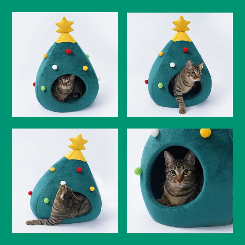 Estely - Festive Christmas Tree Cat Bed Cozy Felt Pet Cave House - 0