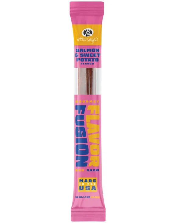 Etta Says Fusion Chew Salmon and Sweet Potato Dog Treats by The Family Pet, 1.75oz, in a colorful package, ideal for dogs.