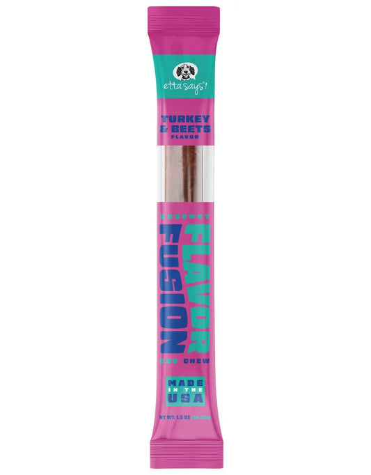 Etta Says Fusion Chew Turkey and Beets Dog Treat by The Family Pet, 1.75oz, featuring a vibrant packaging design.