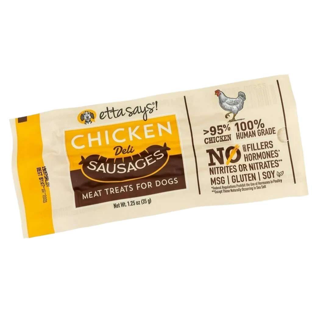 Etta Says Sausage Link Chicken Dog Treat by Purrfect Pet Kingdom, 1.25oz, featuring a savory chicken flavor for dogs.