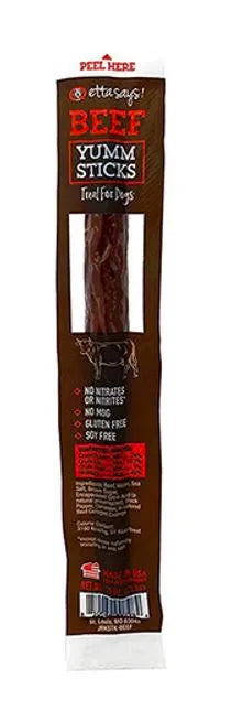 Etta Says Yum Sticks Beef treats by The Family Pet, 0.75oz size, perfect for dogs, featuring a natural beef color.