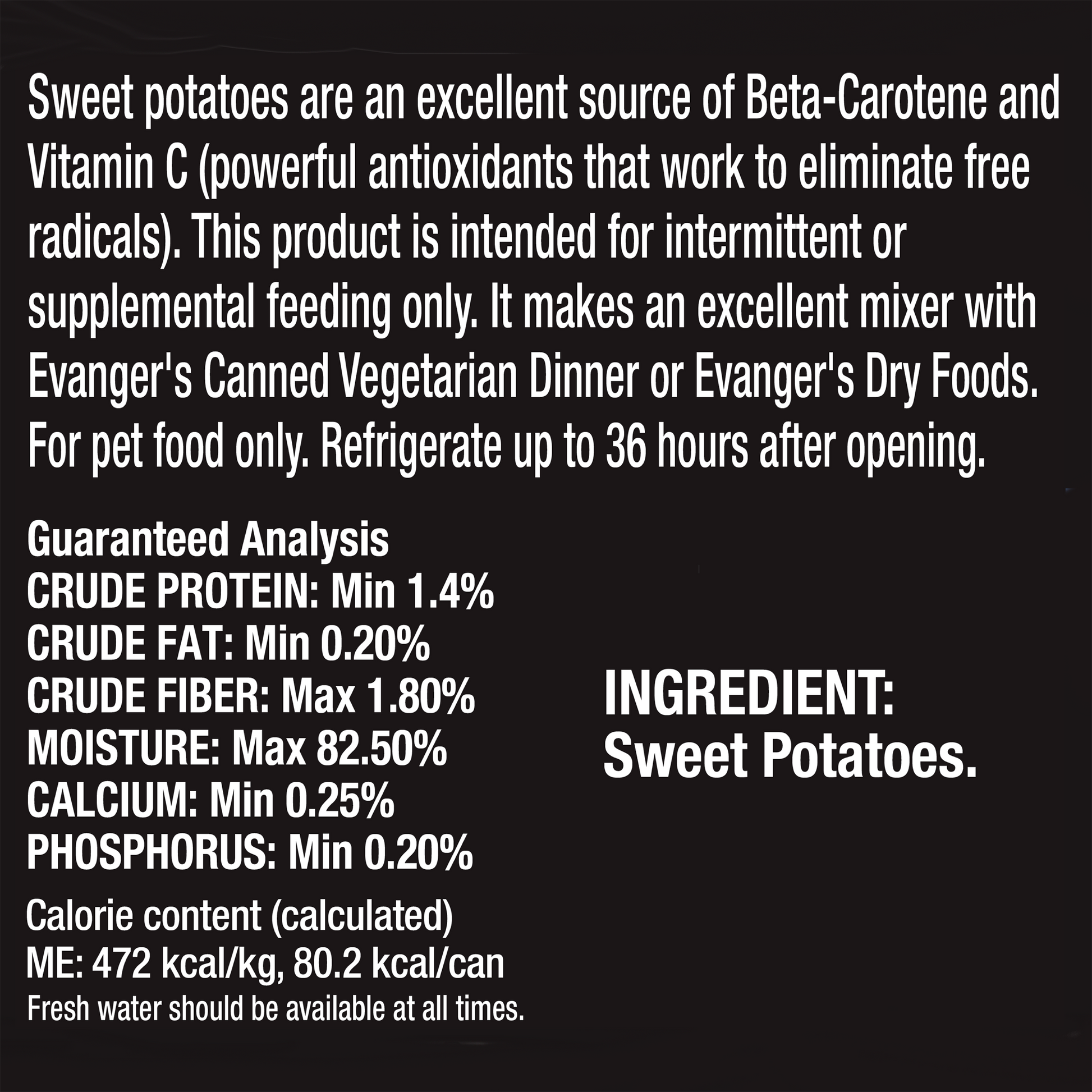 Evanger's grain free sweet potato dog food label highlighting nutritional benefits and ingredients
