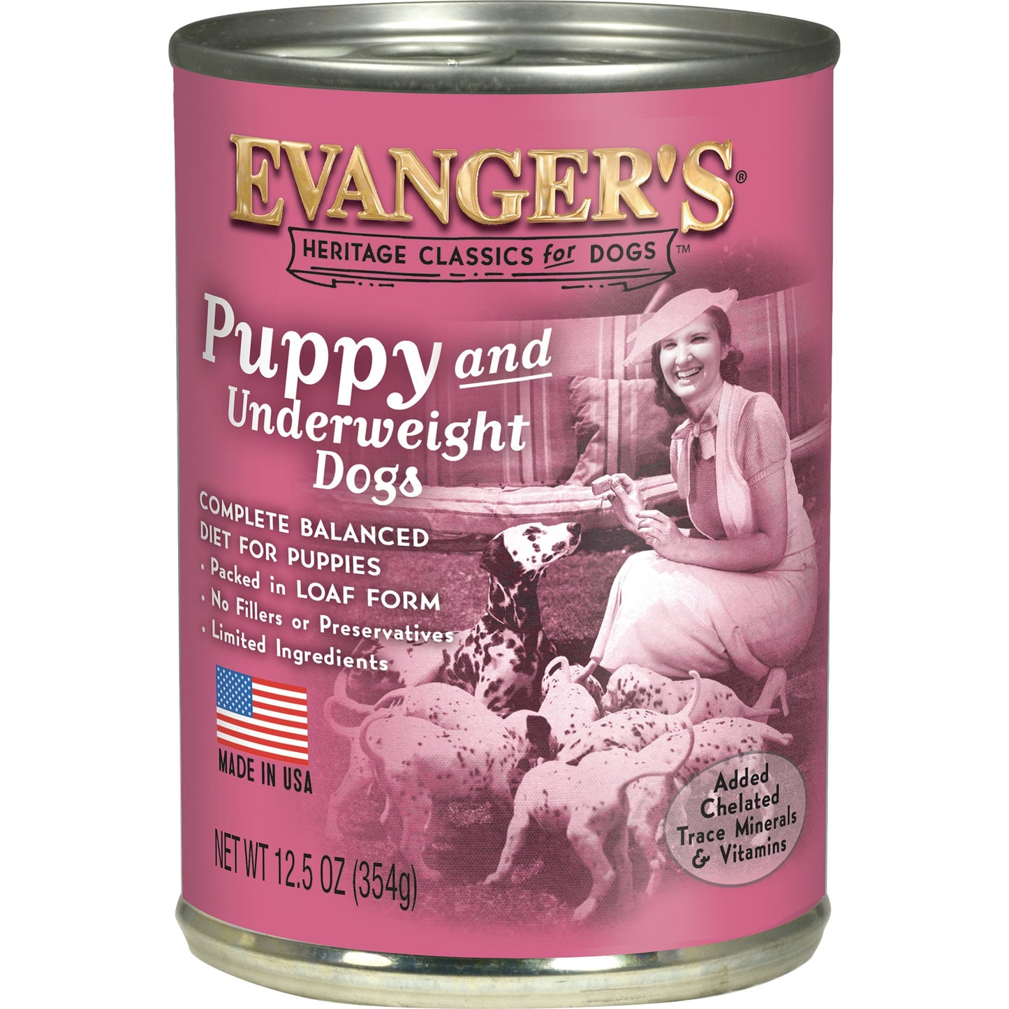 Evanger's wet dog food for puppies in a 12.5 oz can with added vitamins and minerals