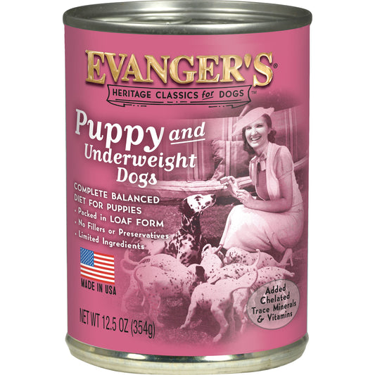 Evanger's wet dog food for puppies in a 12.5 oz can with added vitamins and minerals