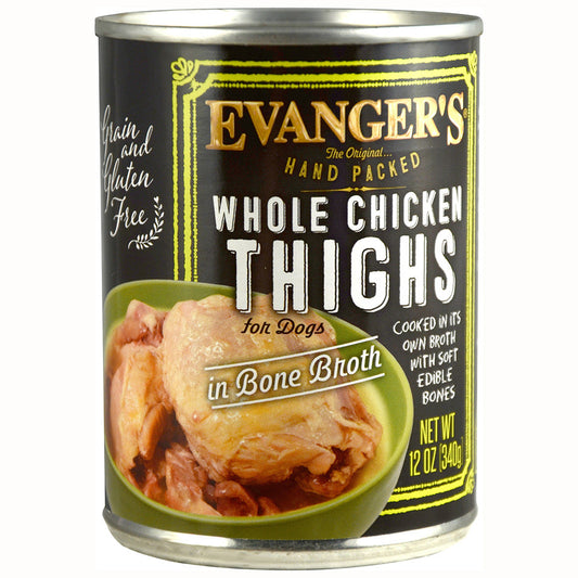 Evanger's whole chicken thighs wet dog food in bone broth, 12 oz can, grain and gluten free