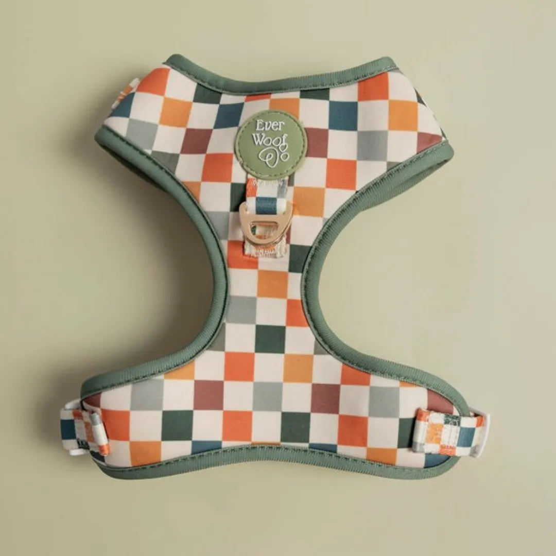 Sage & Cider Adjustable Dog Harness for Comfort and Style 01: Padded checkered harness in sage green and cider orange.
