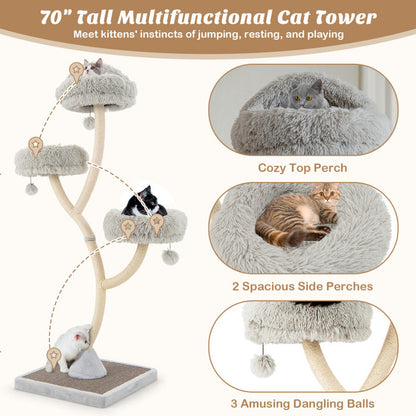 70" Max & Rex cat tree: 3 grey plush perches, sisal branches, dangling balls, and cats lounging at various levels.