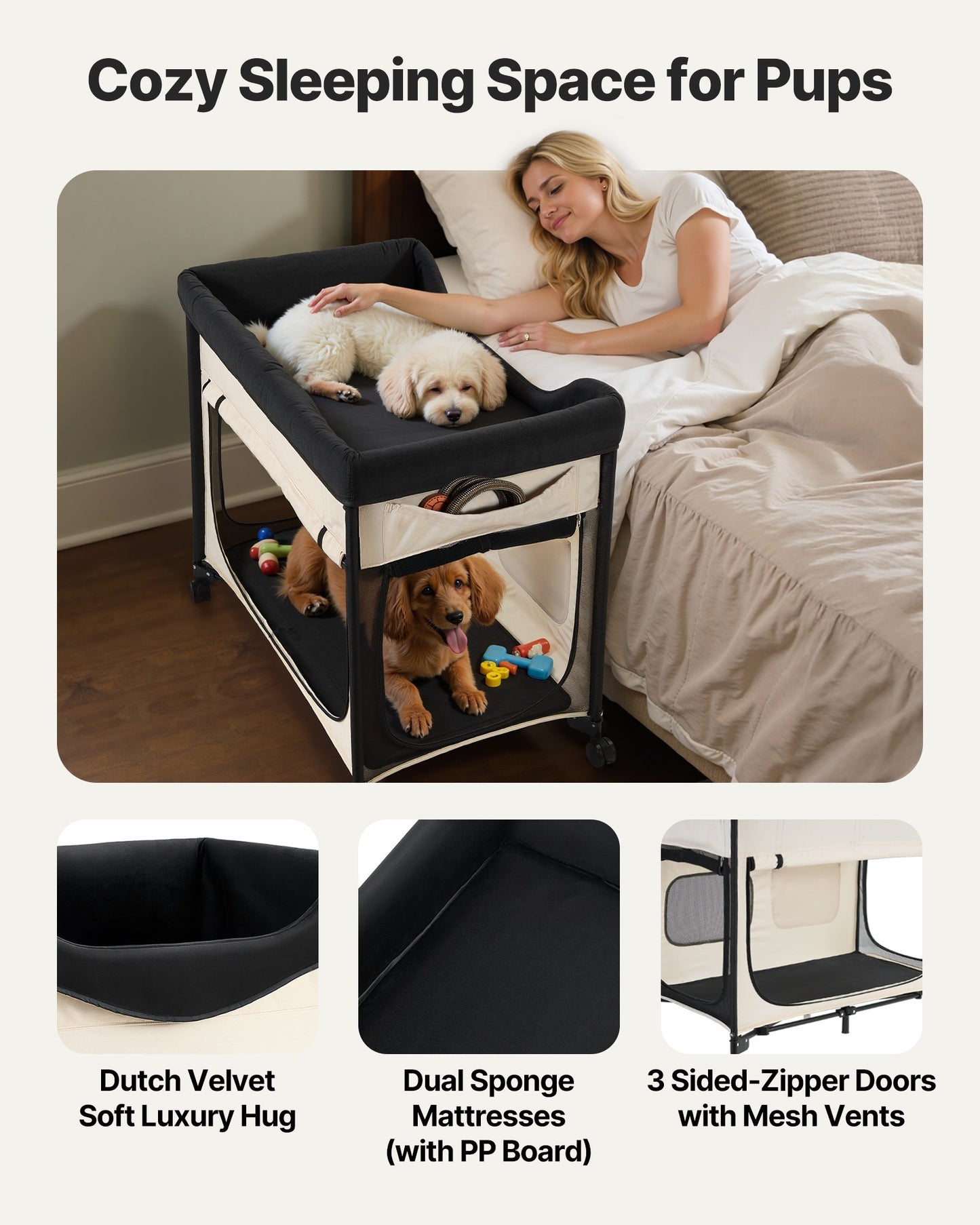 Foldable Pet Bunk Bed with Side Storage - Beige