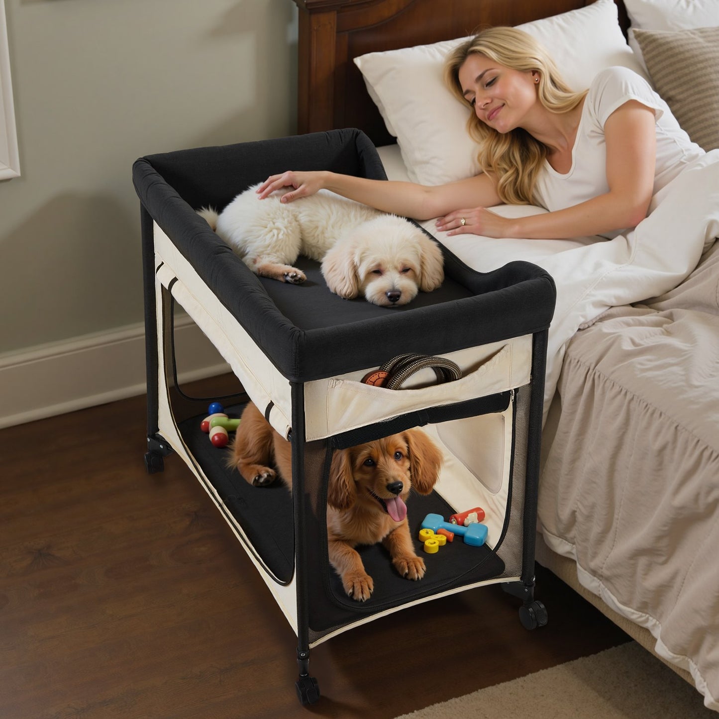 Foldable Pet Bunk Bed with Side Storage - Beige