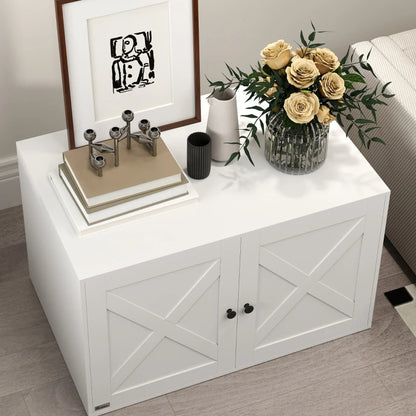 White PawHut litter box enclosure with X-frame barn doors and black knobs, styled as a decorative side table.