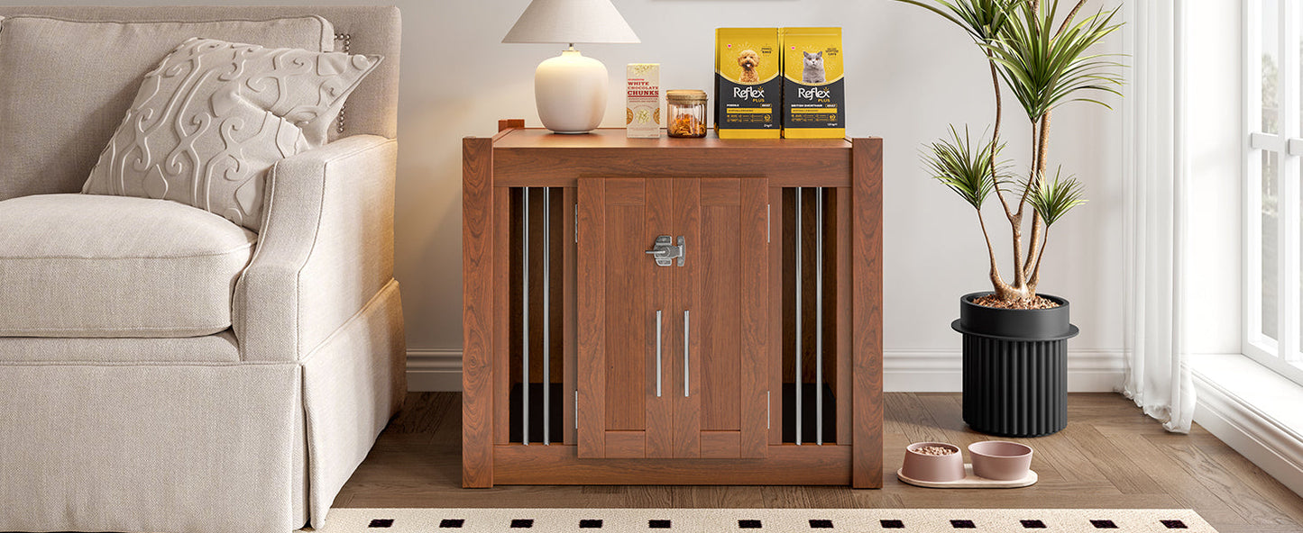 2 In 1 Walnut Dog Crate Nightstand With Storage