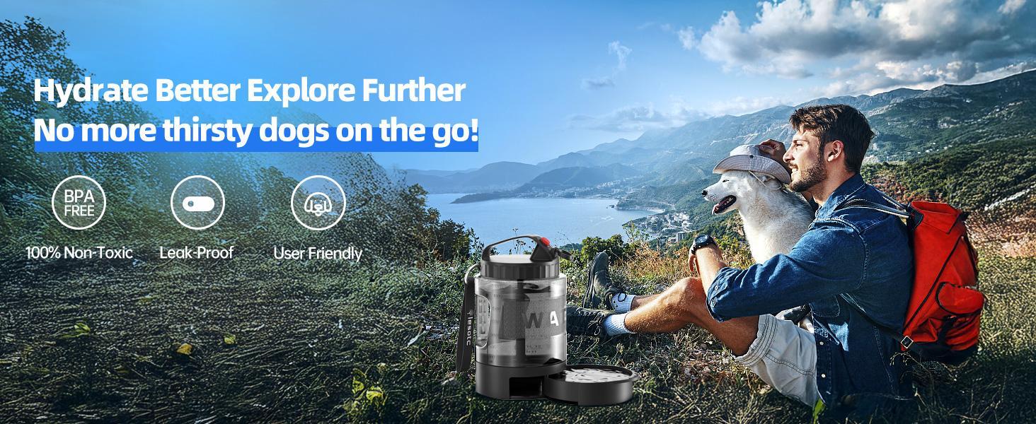 Lassot black and clear plastic pull-out dog water bowl shown with a hiker and dog in a scenic mountain setting.