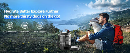 Lassot black and clear plastic pull-out dog water bowl shown with a hiker and dog in a scenic mountain setting.