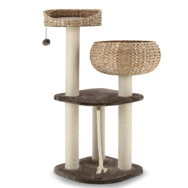 Brown multi-level cat tree with water hyacinth basket beds, sisal scratching posts, hanging rope, and toy ball.