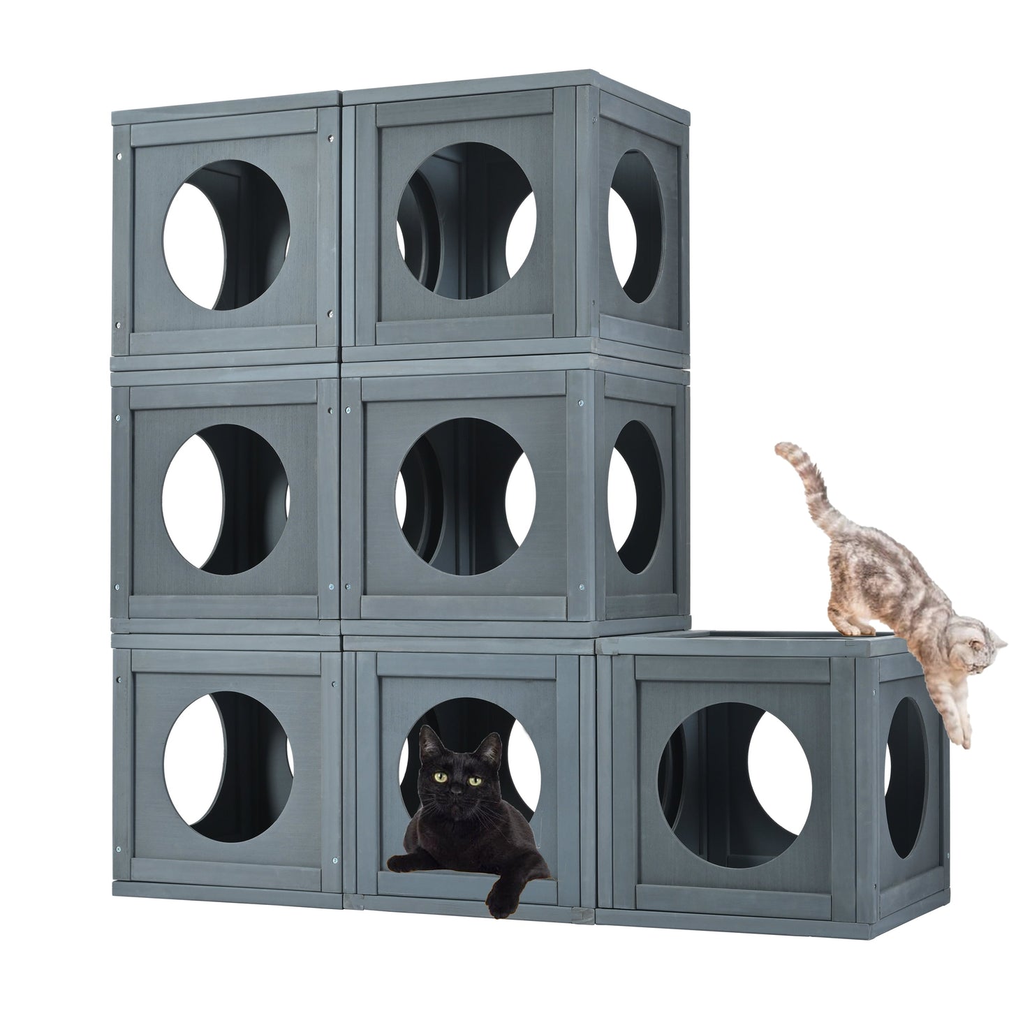 Grey Pine Wood Outdoor Cat House with Shelves and Weather