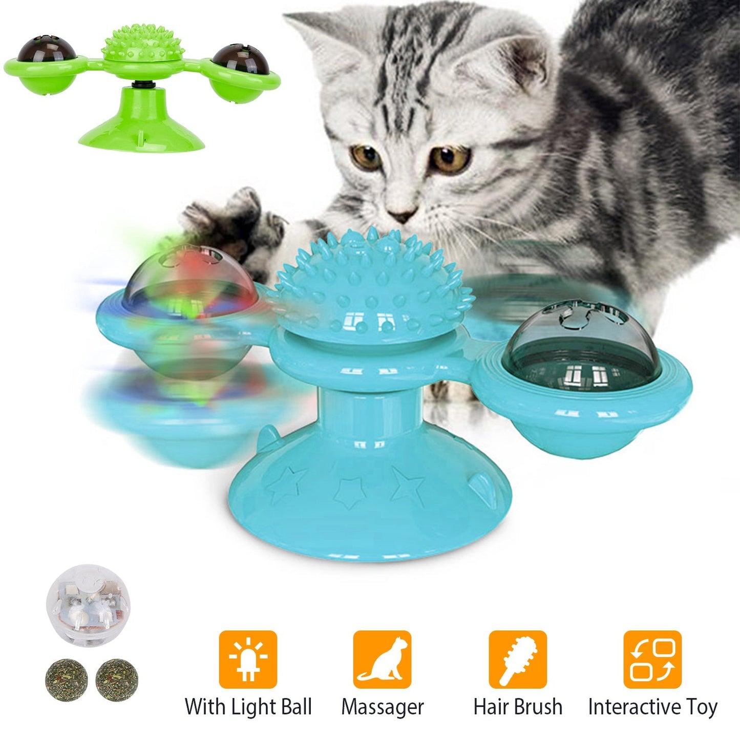Windmill Cat Toy Turntable Interactive Teasing Pet Toy Wall Mount Turning Tickle Scratch Hair Brush Cat Toy with Catnip Light Ball