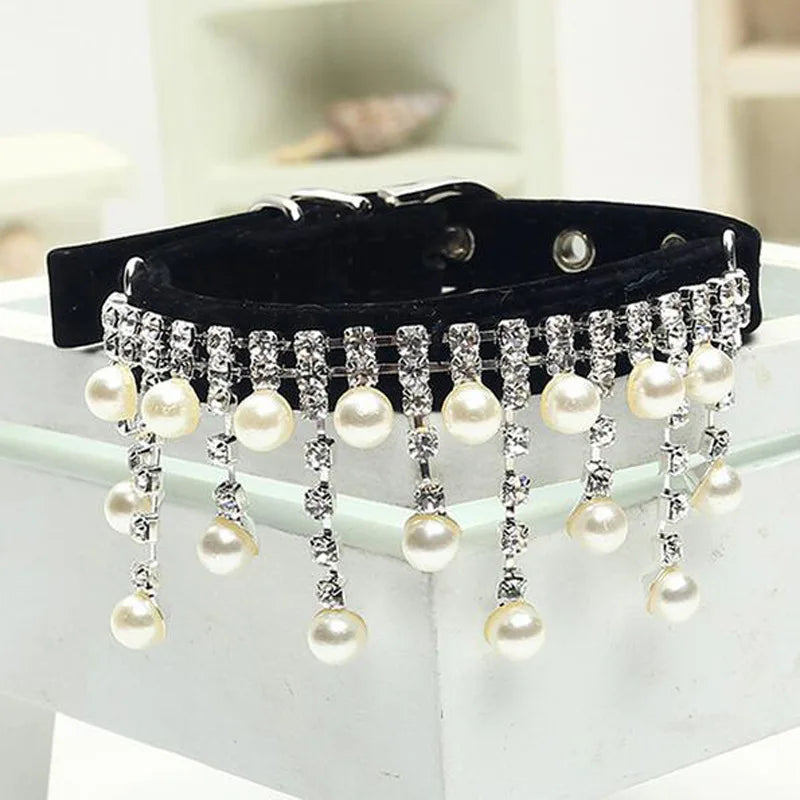 Tail Chasers Fancy Cat Collar for Special Occasions with Pearl and Rhinestone Details