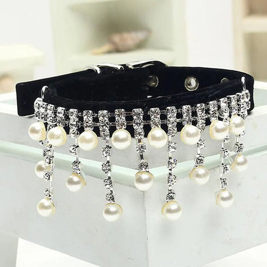 Tail Chasers Fancy Cat Collar for Special Occasions with Pearl and Rhinestone Details