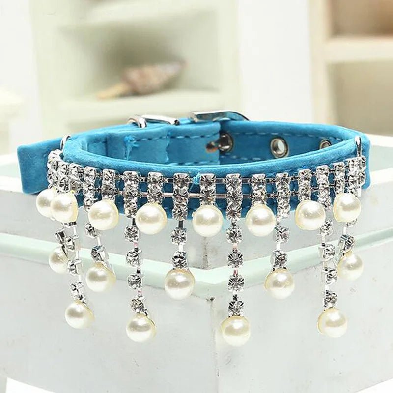 Fancy cat collar for special occasions with pearls and rhinestones in blue color