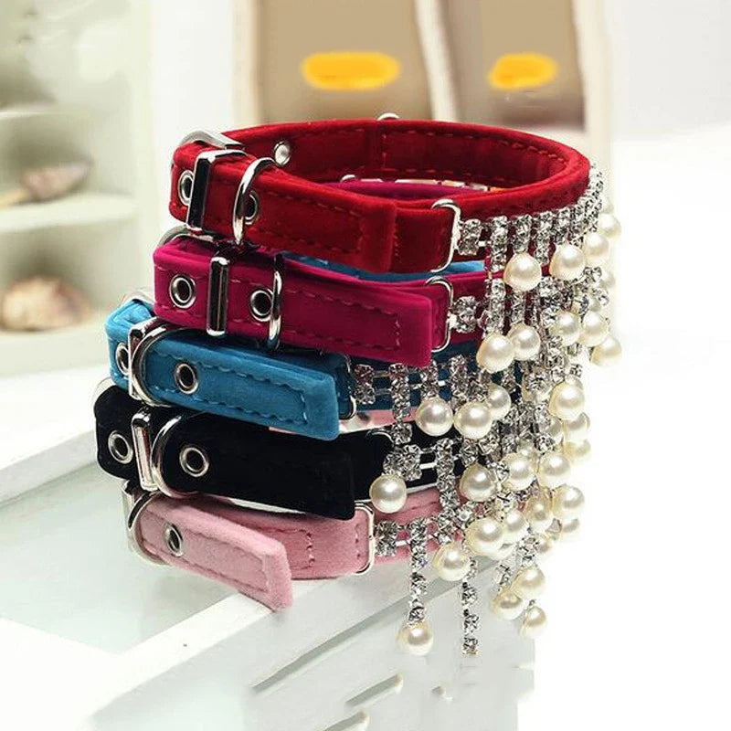 Colorful fancy cat collar for special occasions with pearls and rhinestone embellishments