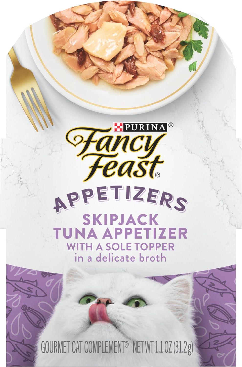 Close up view of Purrfect Pet Kingdom Advanced Fancy Feast Appetizers Skipjack Tuna Wet Cat Food (1.1oz) For Puppies
