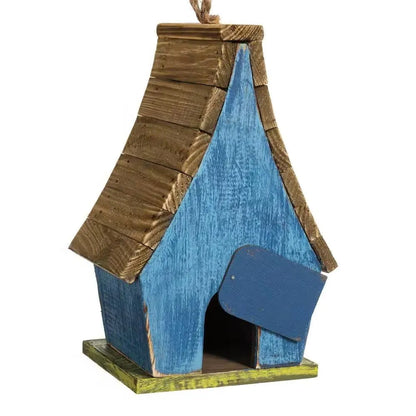 Farmhouse Solid Wood Hanging Birdhouse by FIX in blue, green, yellow, and brown, perfect for adding charm to your garden.