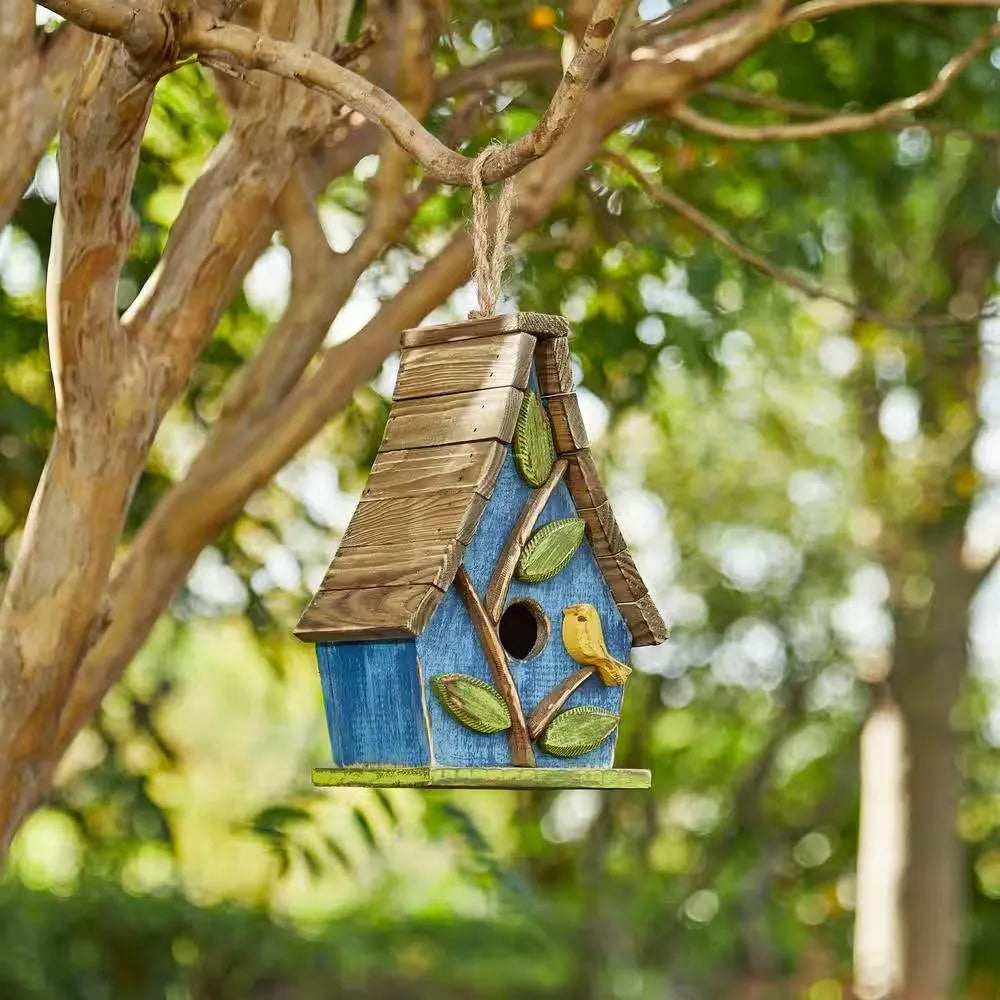 Farmhouse Solid Wood Hanging Birdhouse by Purrfect Pet Kingdom® in blue, green, yellow, and brown, perfect for outdoor decor.