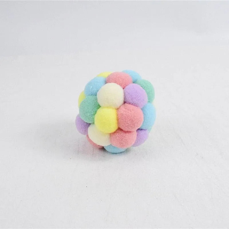 Colorful Stevvex plush pet toy balls for cats and dogs, bite-resistant, available in 4CM, 6CM, and 7CM sizes for interacti...