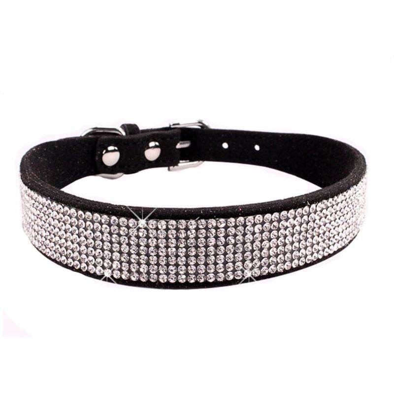 Black stylish fashionable dog collars for small dogs with sparkling rhinestones and adjustable buckle