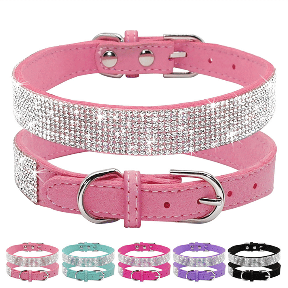 Pink fashionable dog collars for small dogs with rhinestone decoration and adjustable buckle by Purrfect Pet Kingdom